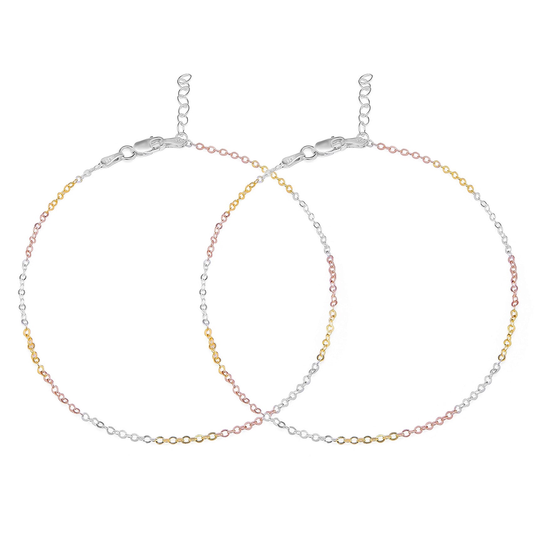 Two women's trendy triple tone 925 Sterling Silver cable chain anklets in silver, gold, and rose gold. – Zavya