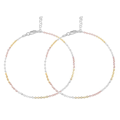 Two women's trendy triple tone 925 Sterling Silver cable chain anklets in silver, gold, and rose gold. – Zavya