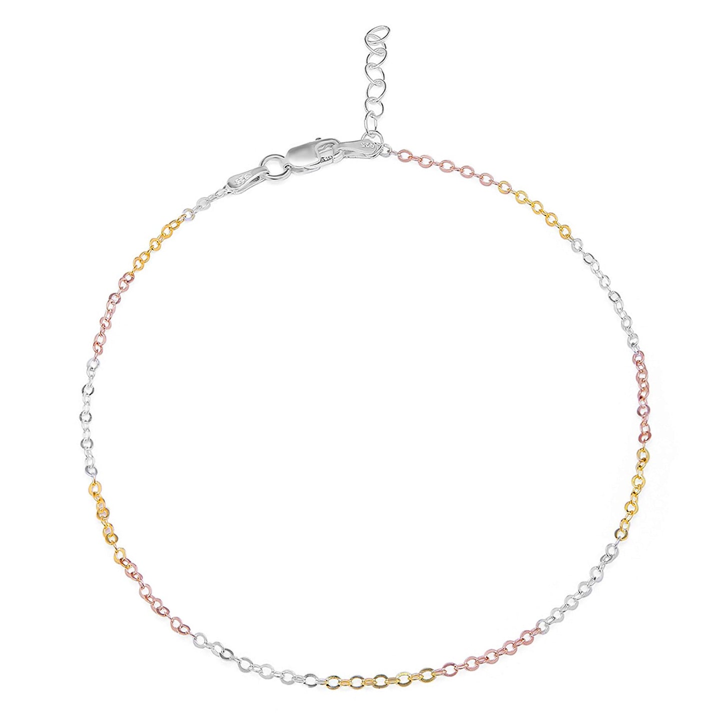 Triple tone 925 Sterling Silver cable chain anklet for women with silver, gold, and rose gold links – Zavya
