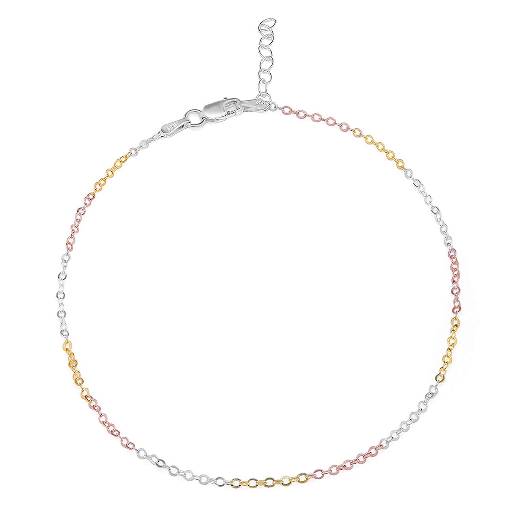 Triple tone 925 Sterling Silver cable chain anklet for women with silver, gold, and rose gold links – Zavya