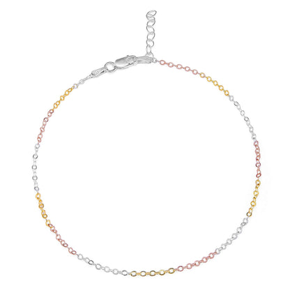 Triple tone 925 Sterling Silver cable chain anklet for women with silver, gold, and rose gold links – Zavya