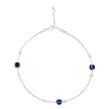 Evil Eye Beaded Rhodium Plated 925 Sterling Silver Chain Anklet