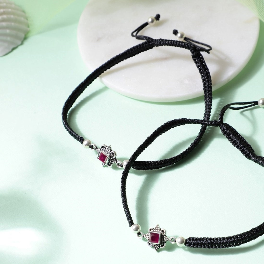 Classic Red Stone Rhodium Plated Sterling Silver Drawstring Anklet