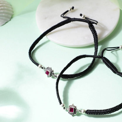 Classic Red Stone Rhodium Plated Sterling Silver Drawstring Anklet