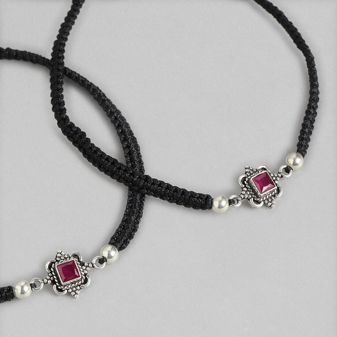 Classic Red Stone Rhodium Plated Sterling Silver Drawstring Anklet