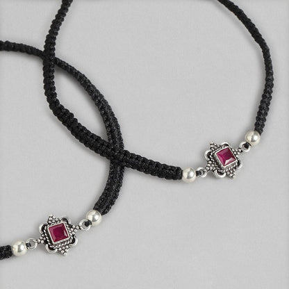 Classic Red Stone Rhodium Plated Sterling Silver Drawstring Anklet
