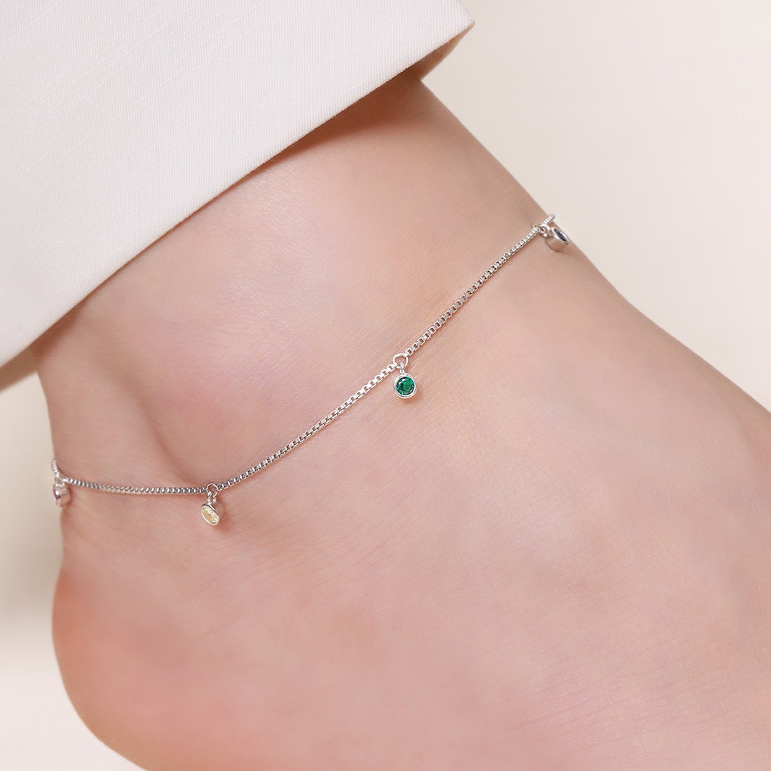Multi Colour Drops Rhodium Plated 925 Sterling Silver Anklet