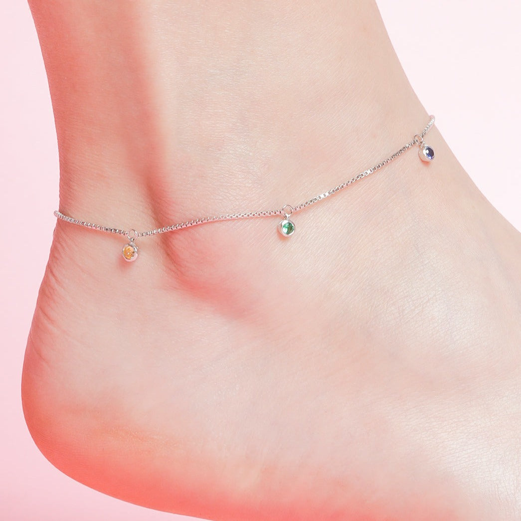 Multi Colour Drops Rhodium Plated 925 Sterling Silver Anklet