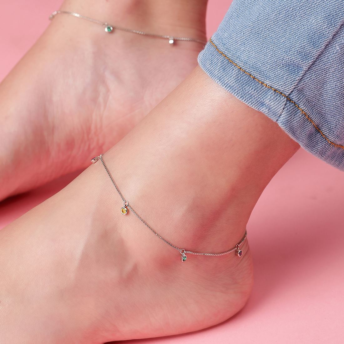 Multi Colour Drops Rhodium Plated 925 Sterling Silver Anklet