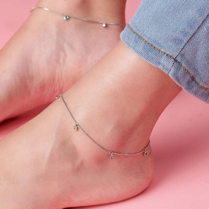 Multi Colour Drops Rhodium Plated 925 Sterling Silver Anklet