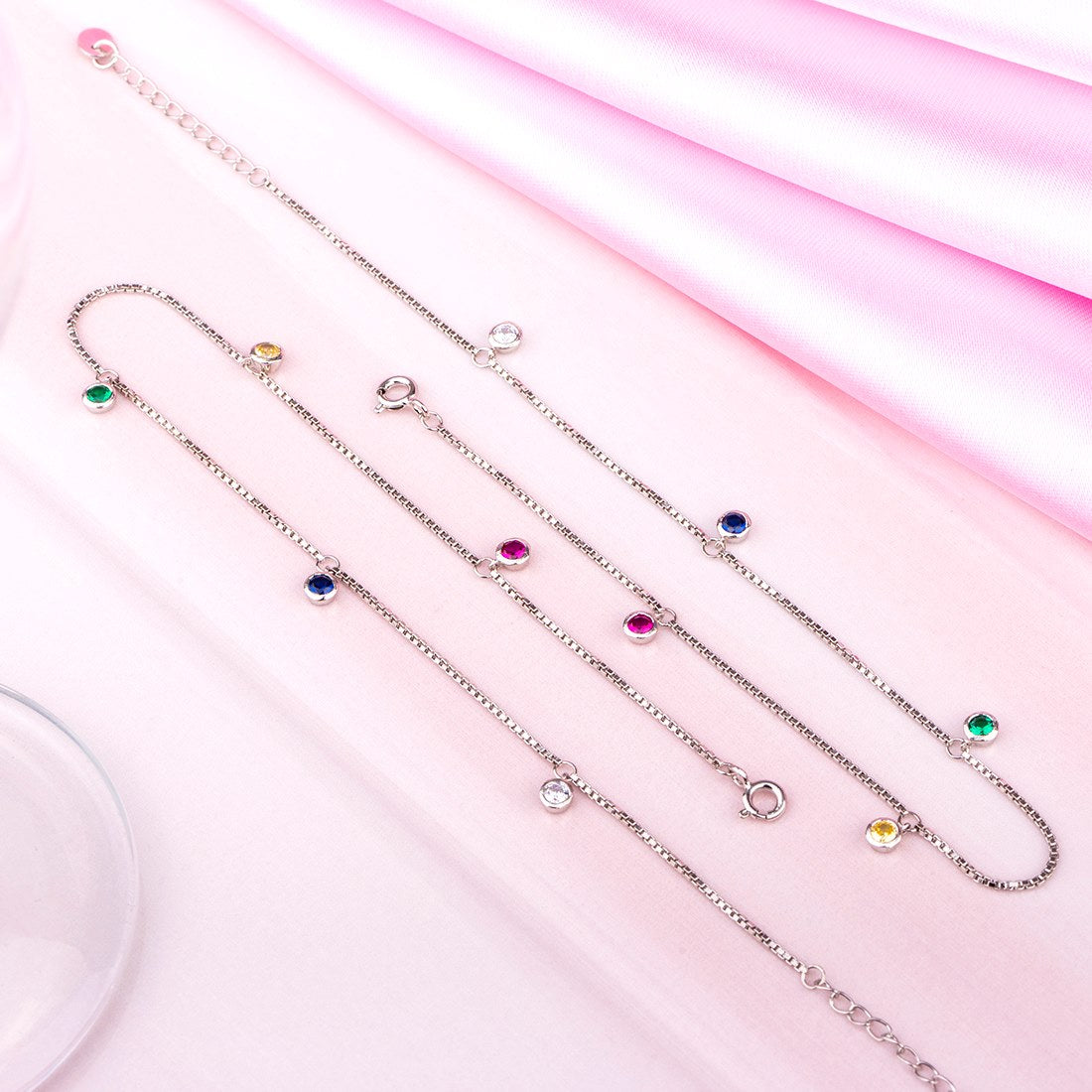 Multi Colour Drops Rhodium Plated 925 Sterling Silver Anklet