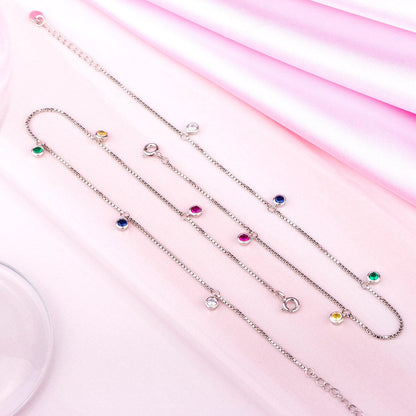 Multi Colour Drops Rhodium Plated 925 Sterling Silver Anklet