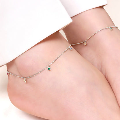 Multi Colour Drops Rhodium Plated 925 Sterling Silver Anklet