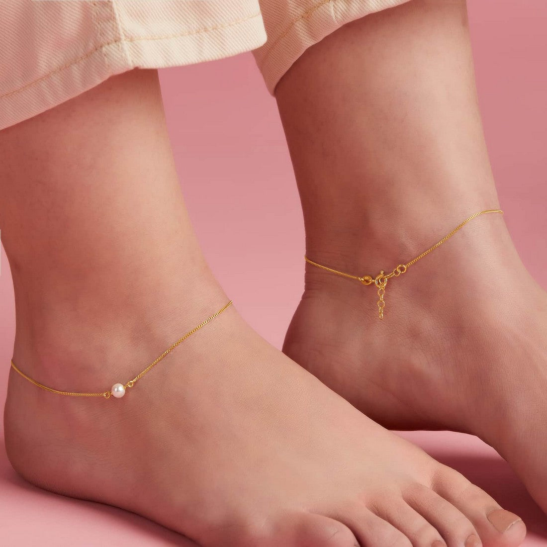 Gold-Plated & Pearl 925 Sterling Silver Chained Anklet