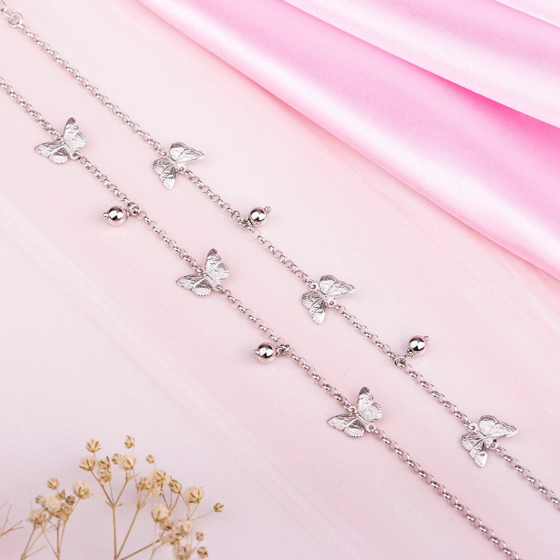 Triple Butterfly Rhodium Plated 925 Sterling Silver Anklet