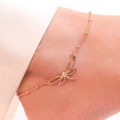 Dragonfly Rose Gold Plated 925 Sterling Silver Chain Anklet with Beads