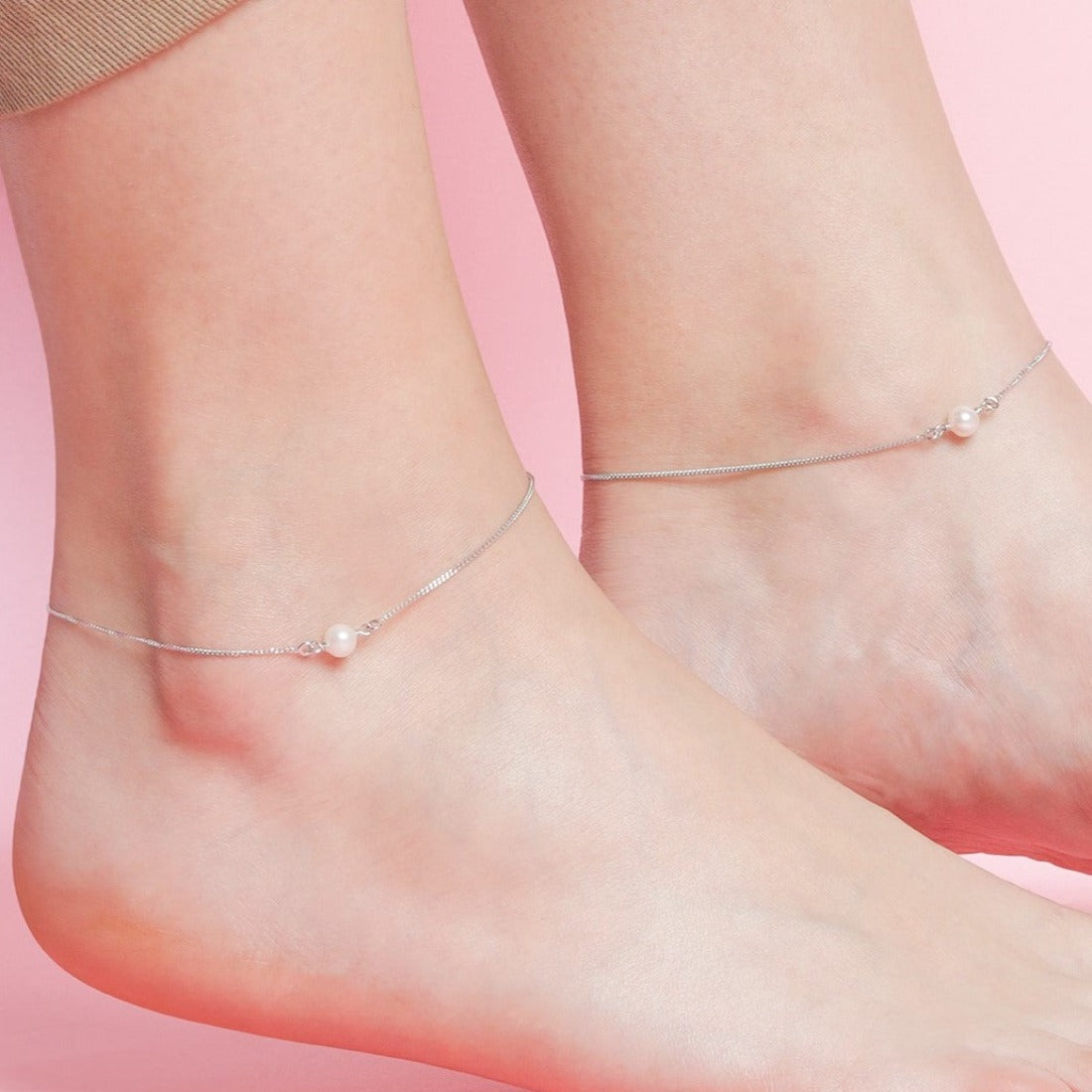 White Pearl Rhodium Plated 925 Sterling Silver Chain Anklet