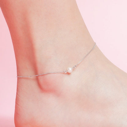 White Pearl Rhodium Plated 925 Sterling Silver Chain Anklet