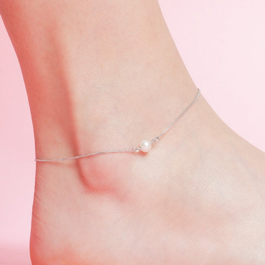 White Pearl Rhodium Plated 925 Sterling Silver Chain Anklet