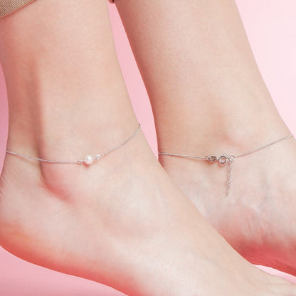 White Pearl Rhodium Plated 925 Sterling Silver Chain Anklet