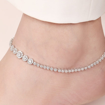 Sparkling CZ 925 Sterling Silver anklet on a woman's ankle. Elegant silver jewellery for women – Zavya