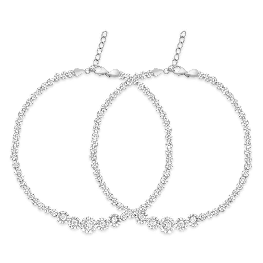 Two overlapping CZ 925 Sterling Silver anklets for women featuring glimmering crystal clusters. – Zavya