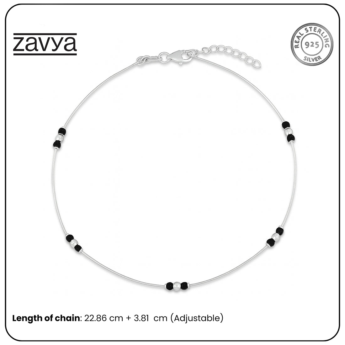 Delicate 925 Sterling Silver anklet for women featuring an adjustable chain and black beads – Zavya