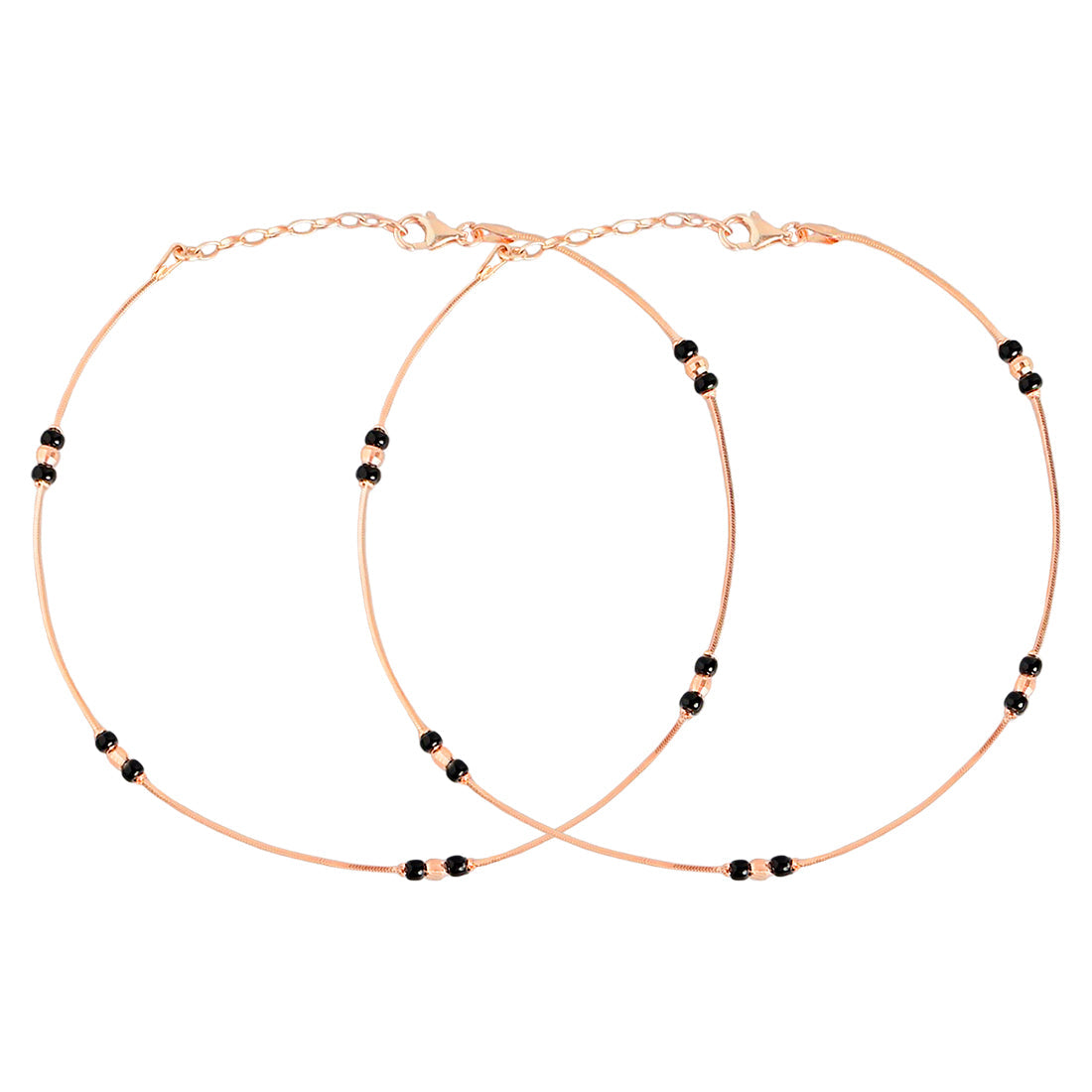Pair of rose gold-plated 925 Sterling Silver anklets for women with dainty black beads. – Zavya
