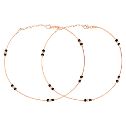 Pair of rose gold-plated 925 Sterling Silver anklets for women with dainty black beads. – Zavya