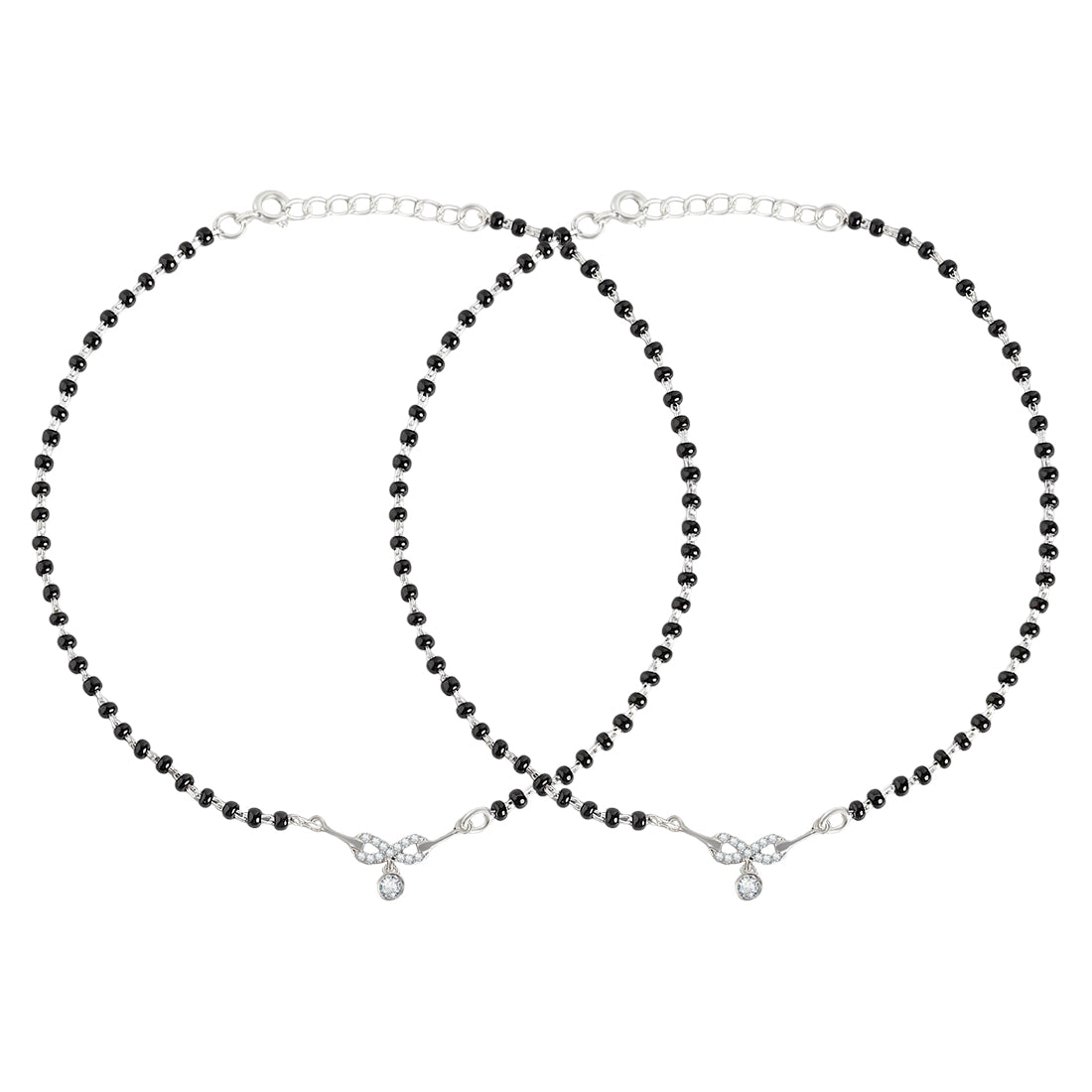 Women's black beaded 925 Sterling Silver anklets with a sparkling crystal charm. Fine jewellery – Zavya