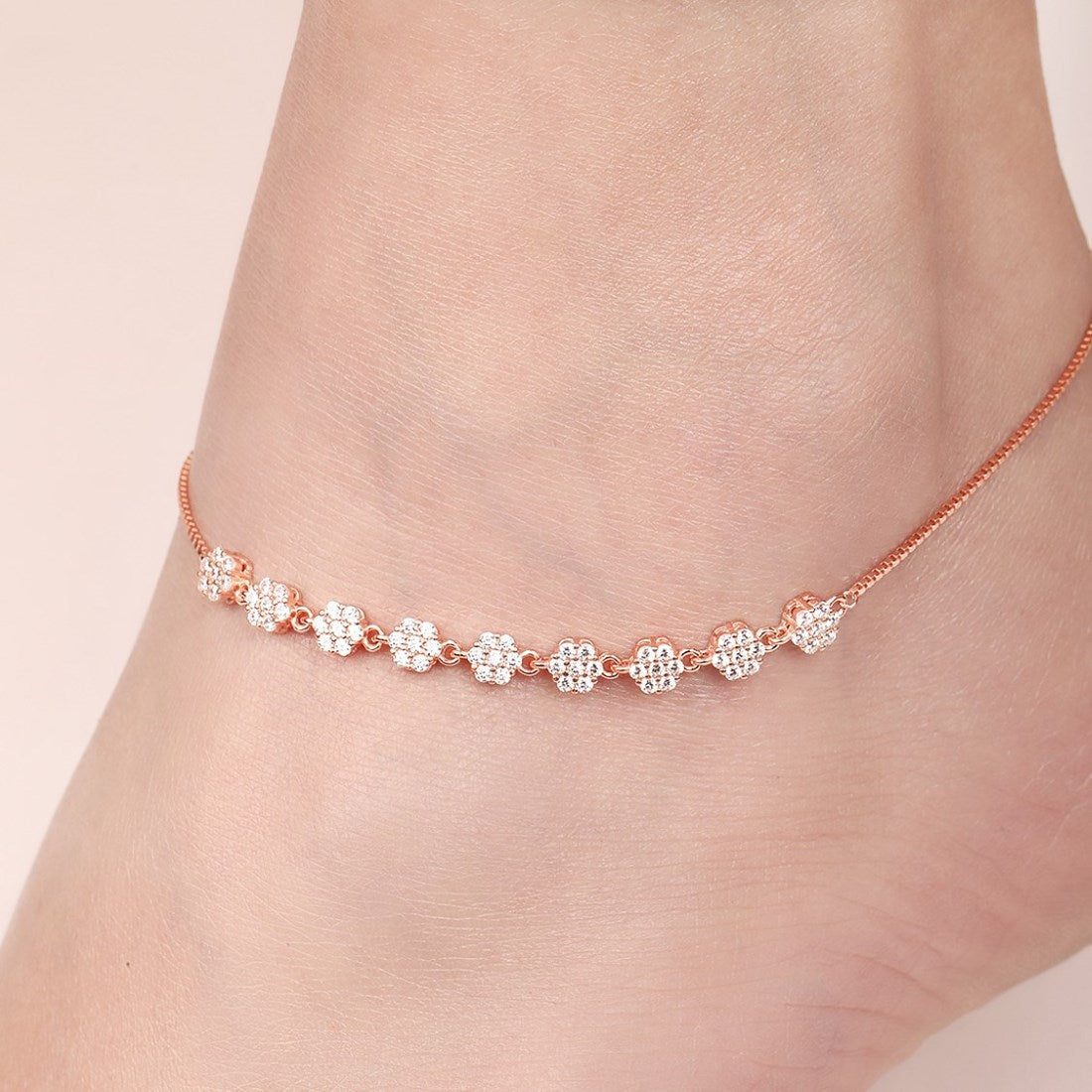 Blossom Brilliance Floral CZ Rose Gold Plated 925 Sterling Silver Anklet