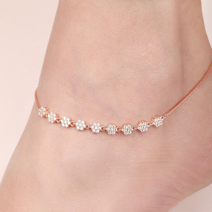 Blossom Brilliance Floral CZ Rose Gold Plated 925 Sterling Silver Anklet