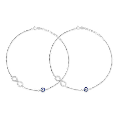 Two 925 Sterling Silver anklets for women with crystal infinity and blue evil eye charms – Zavya