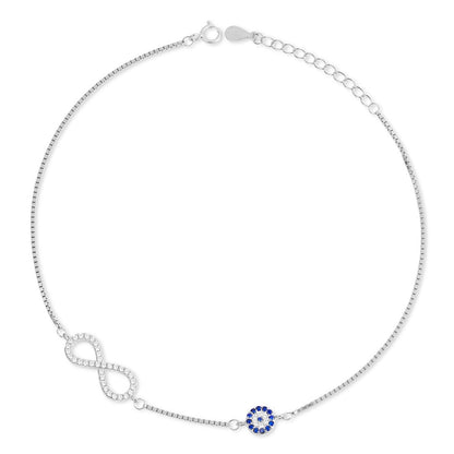 Women's 925 Sterling Silver anklet with crystal infinity and blue evil eye charms. Fine jewelry – Zavya