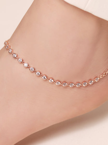 Rose gold-plated 925 Sterling Silver anklet for women with sparkling round stones on an ankle – Zavya