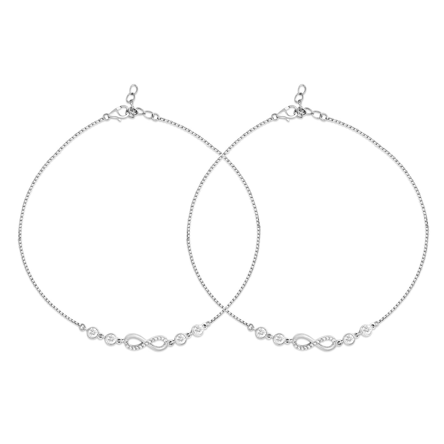 Two elegant women's 925 Sterling Silver anklets featuring sparkling crystal infinity charms. – Zavya