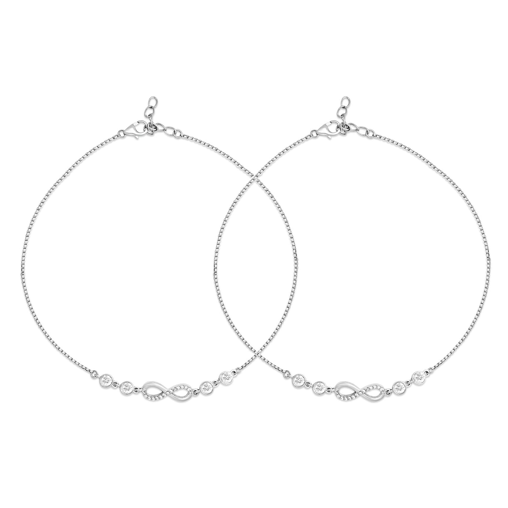 Two elegant women's 925 Sterling Silver anklets featuring sparkling crystal infinity charms. – Zavya