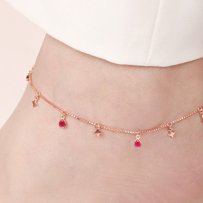 Rose gold 925 Sterling Silver anklet for women with star and red CZ teardrop charms on ankle – Zavya
