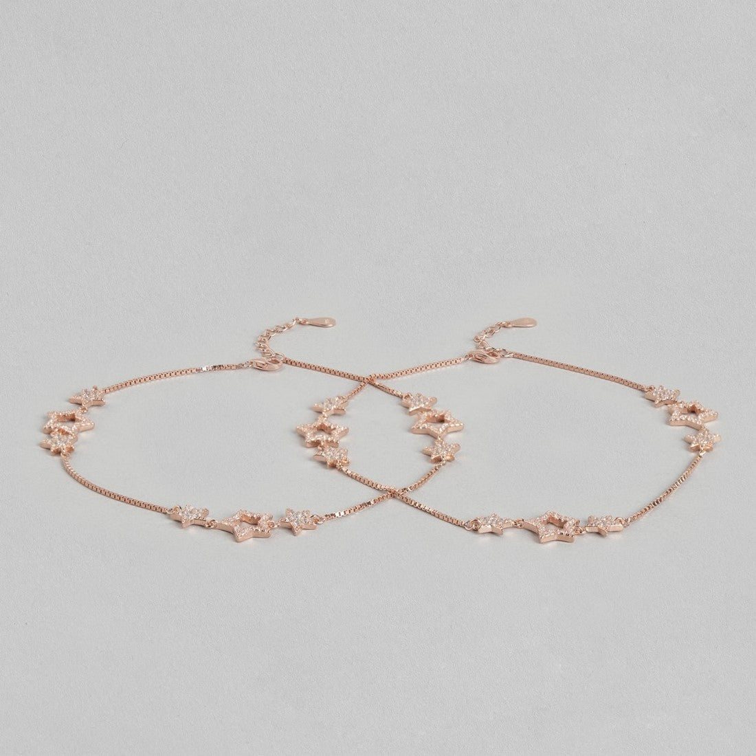 Two rose gold plated 925 Sterling Silver anklets for women with cubic zirconia stars – Zavya