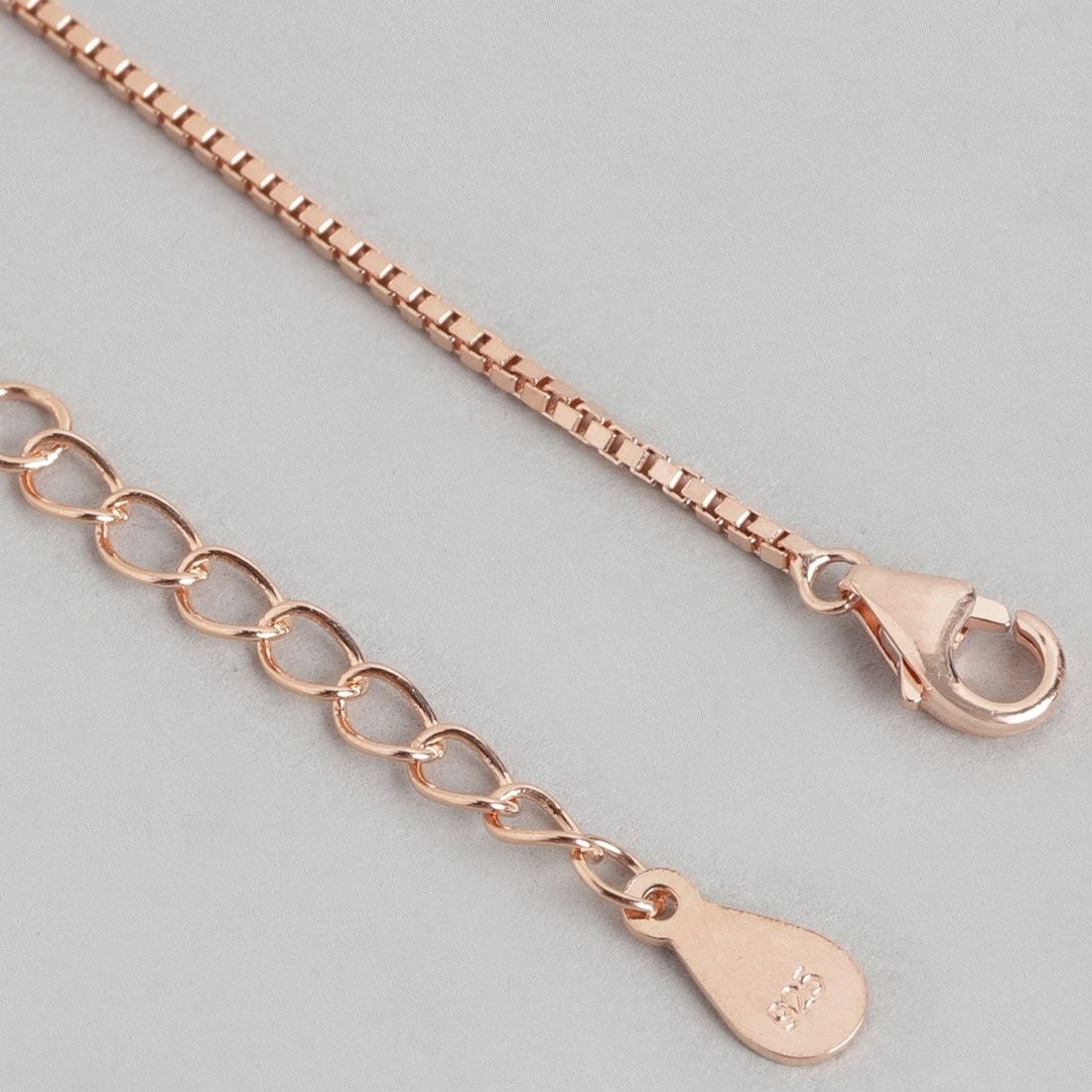 Rose gold plated 925 Sterling Silver anklet for women featuring a box chain, clasp, and 925 tag – Zavya