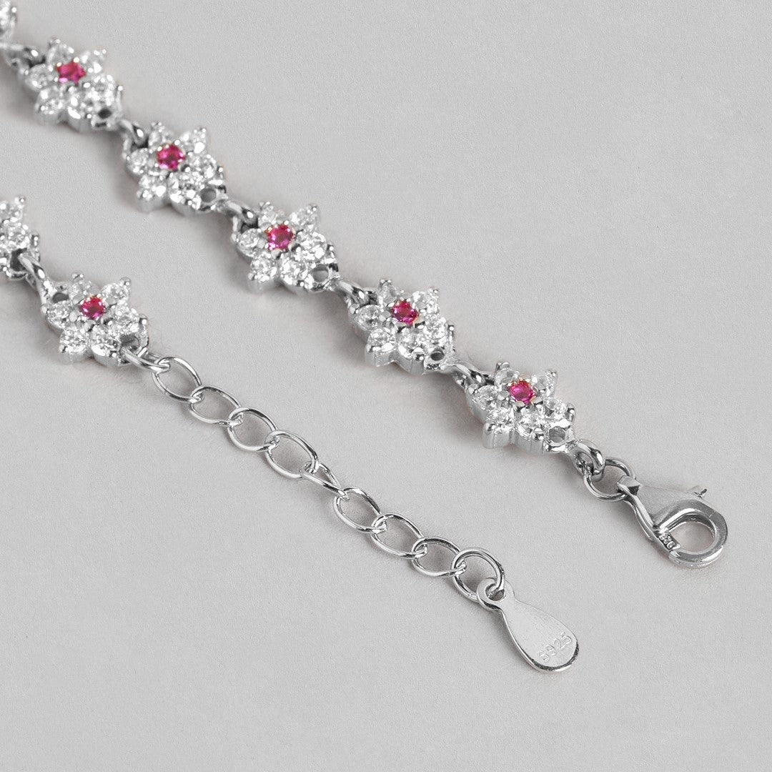 Floral Radiance Rhodium-Plated 925 Sterling Silver Anklet