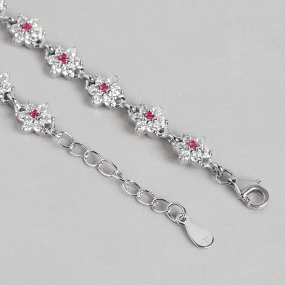 Floral Radiance Rhodium-Plated 925 Sterling Silver Anklet