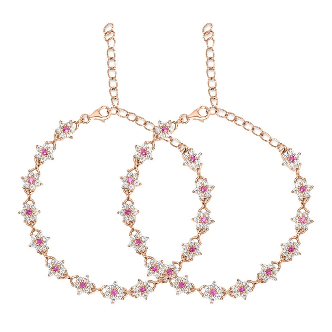 Two rose gold plated 925 Sterling Silver floral anklets for women with pink cubic zirconia – Zavya