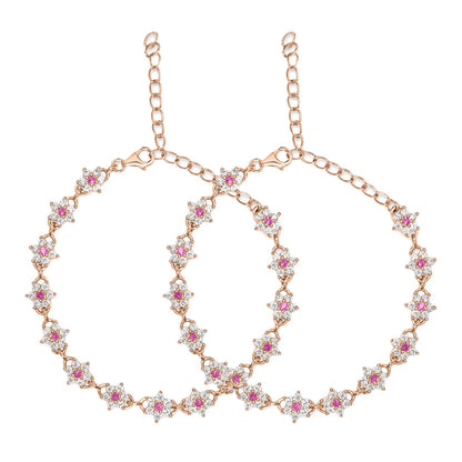 Two rose gold plated 925 Sterling Silver floral anklets for women with pink cubic zirconia – Zavya