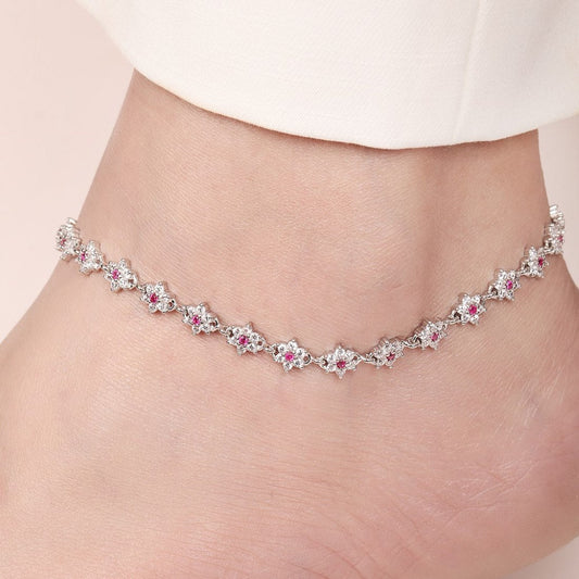 Floral Radiance Rhodium-Plated 925 Sterling Silver Anklet