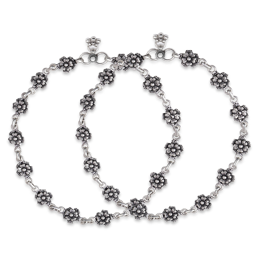 Pair of floral 925 Sterling Silver anklets for women. Rhodium-plated blossom chain jewellery – Zavya