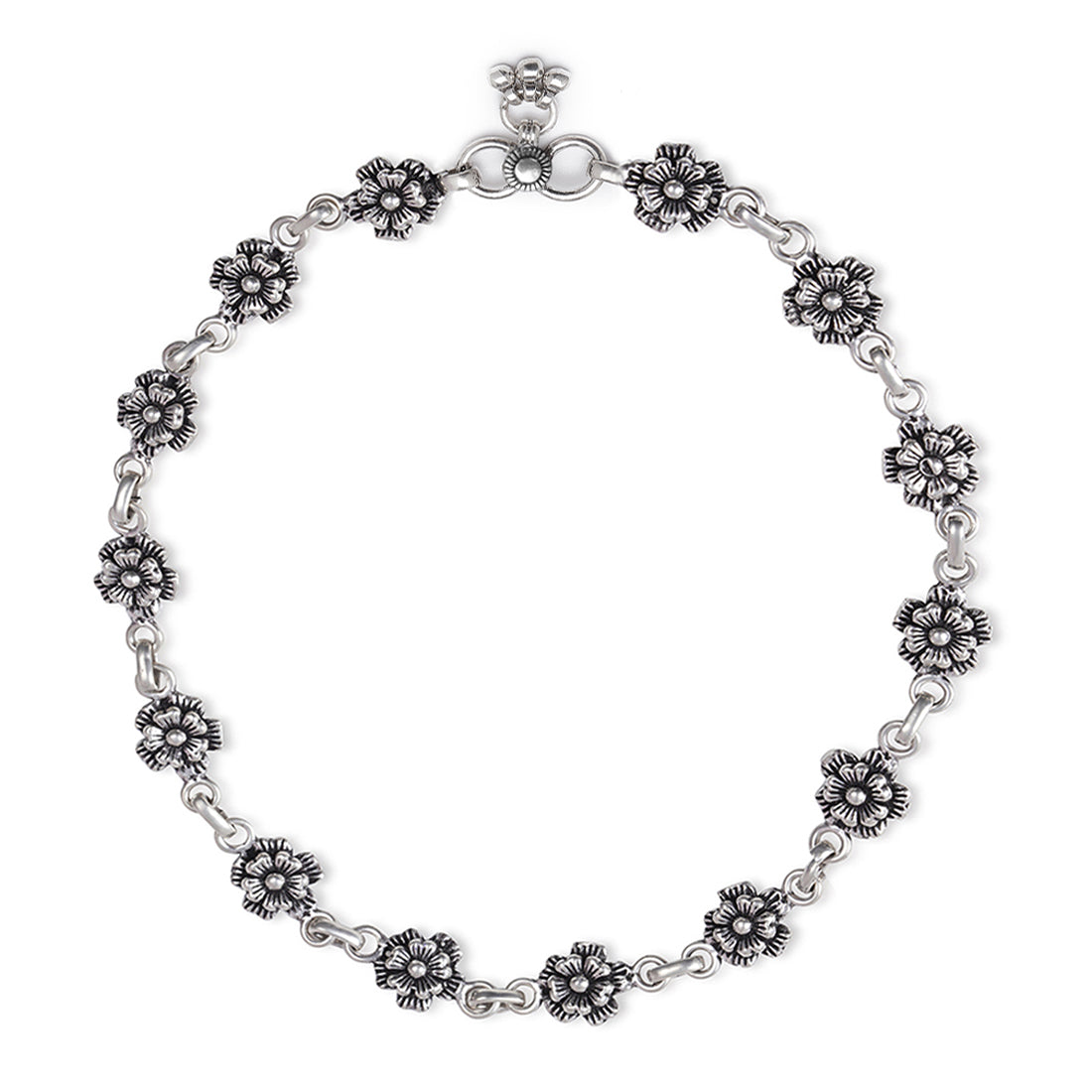 925 Sterling Silver floral anklet for women featuring a rhodium-plated linked blossom chain – Zavya