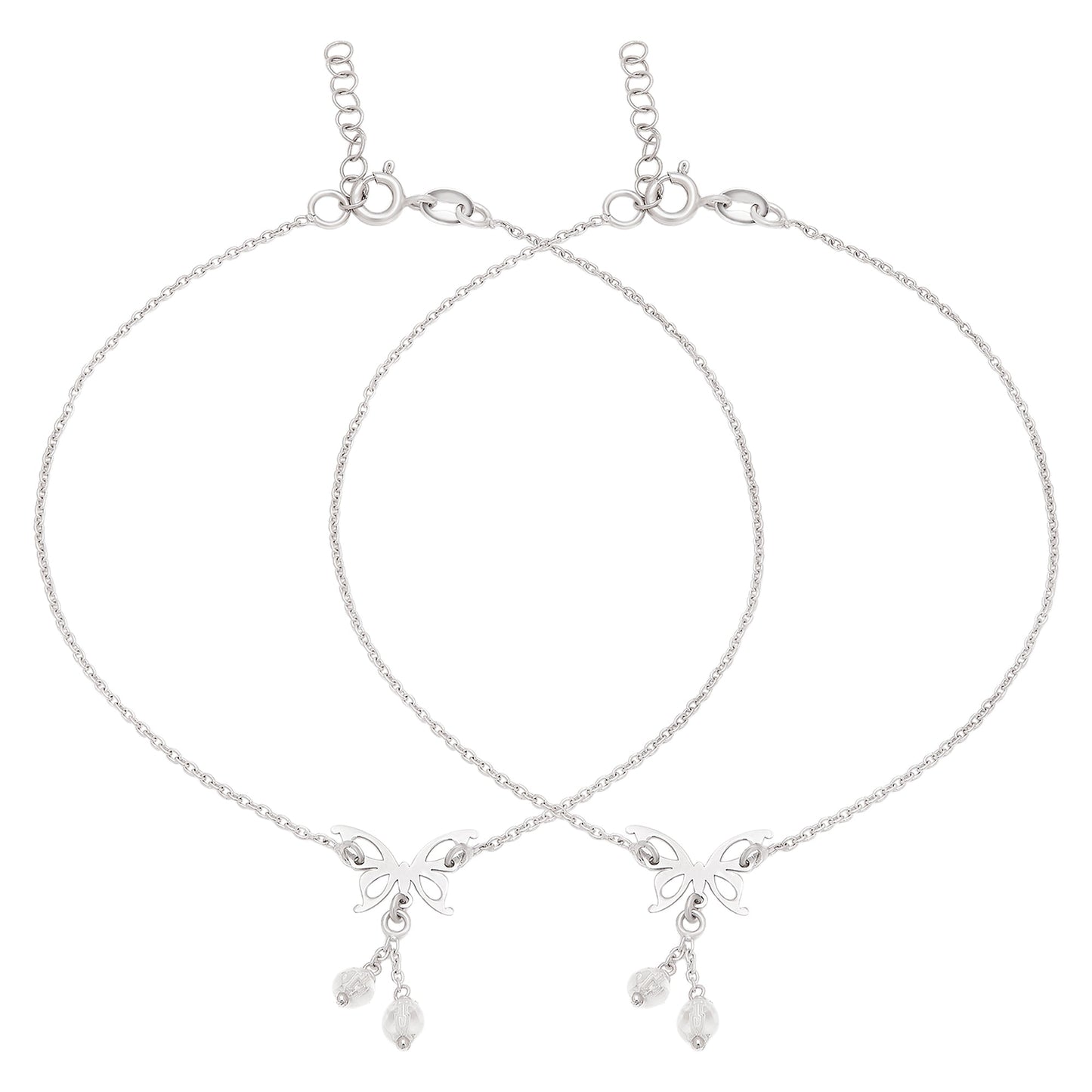 Two 925 Sterling Silver anklets for women. Delicate jewellery chains with butterfly charms and beads – Zavya