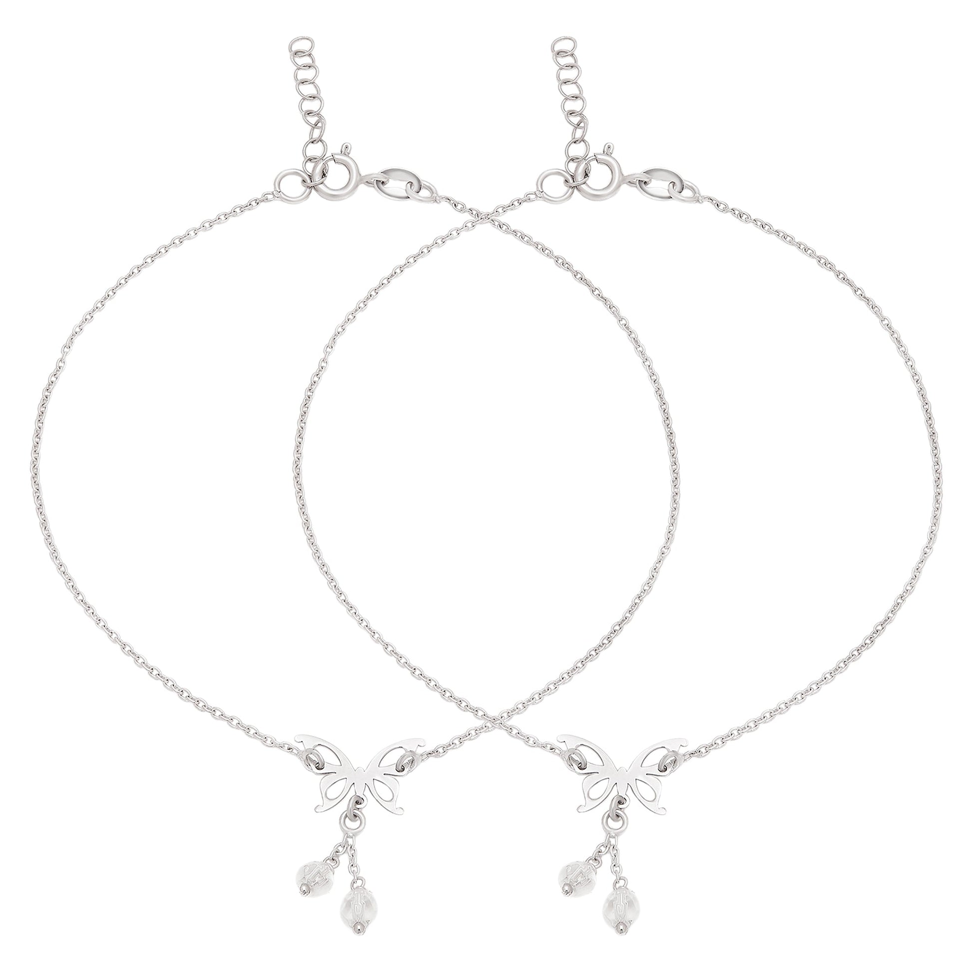 Two 925 Sterling Silver anklets for women. Delicate jewellery chains with butterfly charms and beads – Zavya