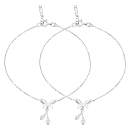 Two 925 Sterling Silver anklets for women. Delicate jewellery chains with butterfly charms and beads – Zavya
